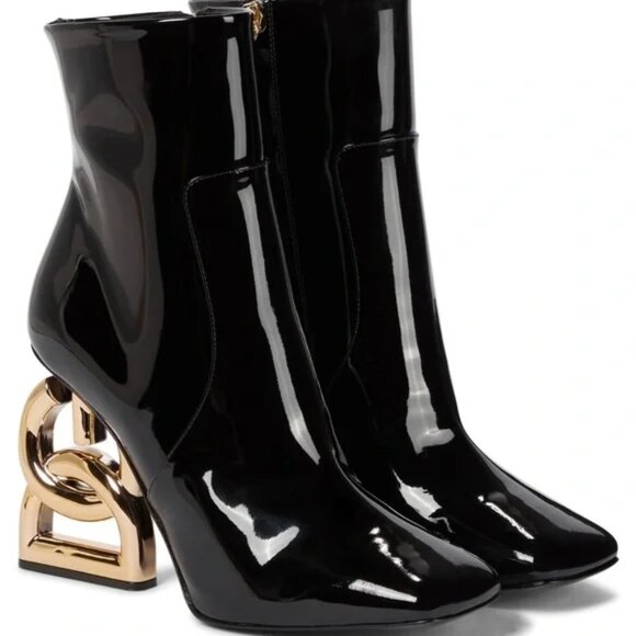 NEW Dolce & Gabbana Jackie Boots Women 39 Shiny Gold Logo Sculpted Heel Designer - Picture 1 of 11